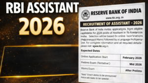 ಆರ್‌ಬಿಐ ಅಸಿಸ್ಟೆಂಟ್ 2026 ನೇಮಕಾತಿ ಅಧಿಸೂಚನೆ ಪೋಸ್ಟರ್ – ಅರ್ಜಿ ದಿನಾಂಕ, ಪೂರ್ವ ಮತ್ತು ಮುಖ್ಯ ಪರೀಕ್ಷಾ ವಿವರಗಳು, ಅರ್ಹತೆ ಮಾನದಂಡಗಳು ಹಾಗೂ ಅಧಿಕೃತ ಮಾಹಿತಿ.